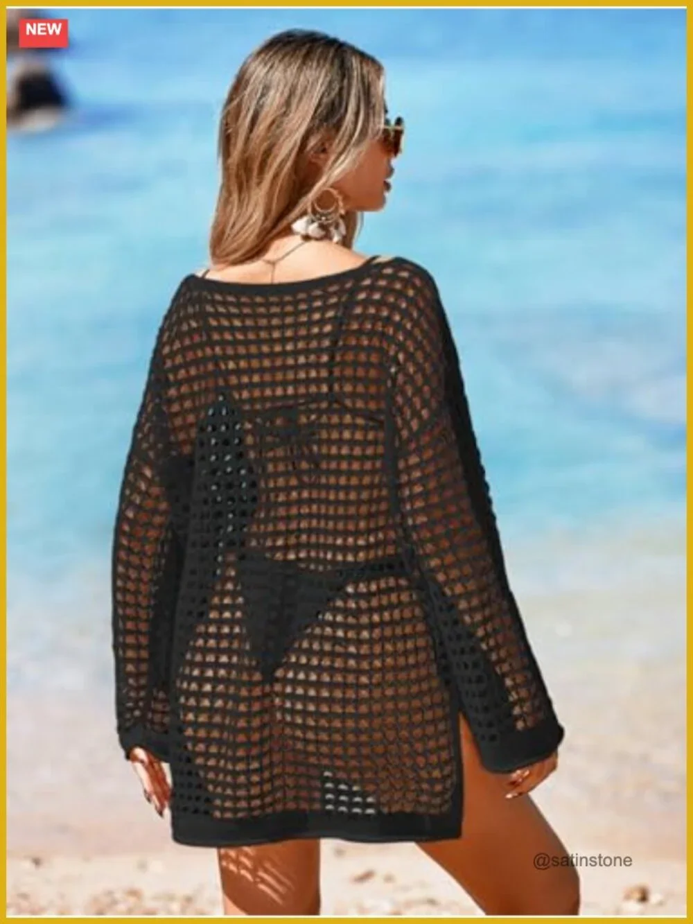 Oversized Long Sleeve Crochet Mesh Swimsuit Cover Up Mini Dress